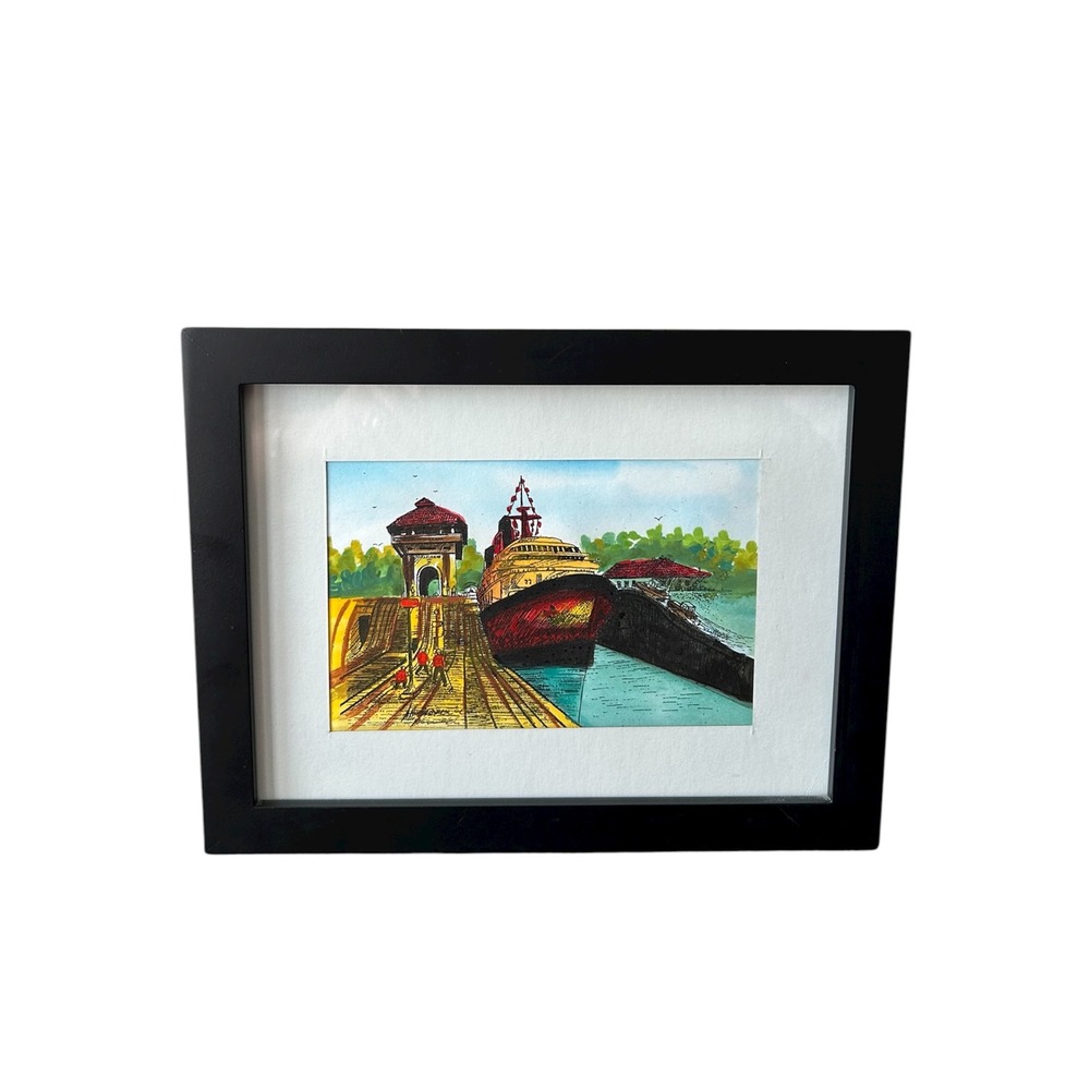 Framed Signed Watercolor Ink Print Panama Canal Drawing Office Home Accent Piece